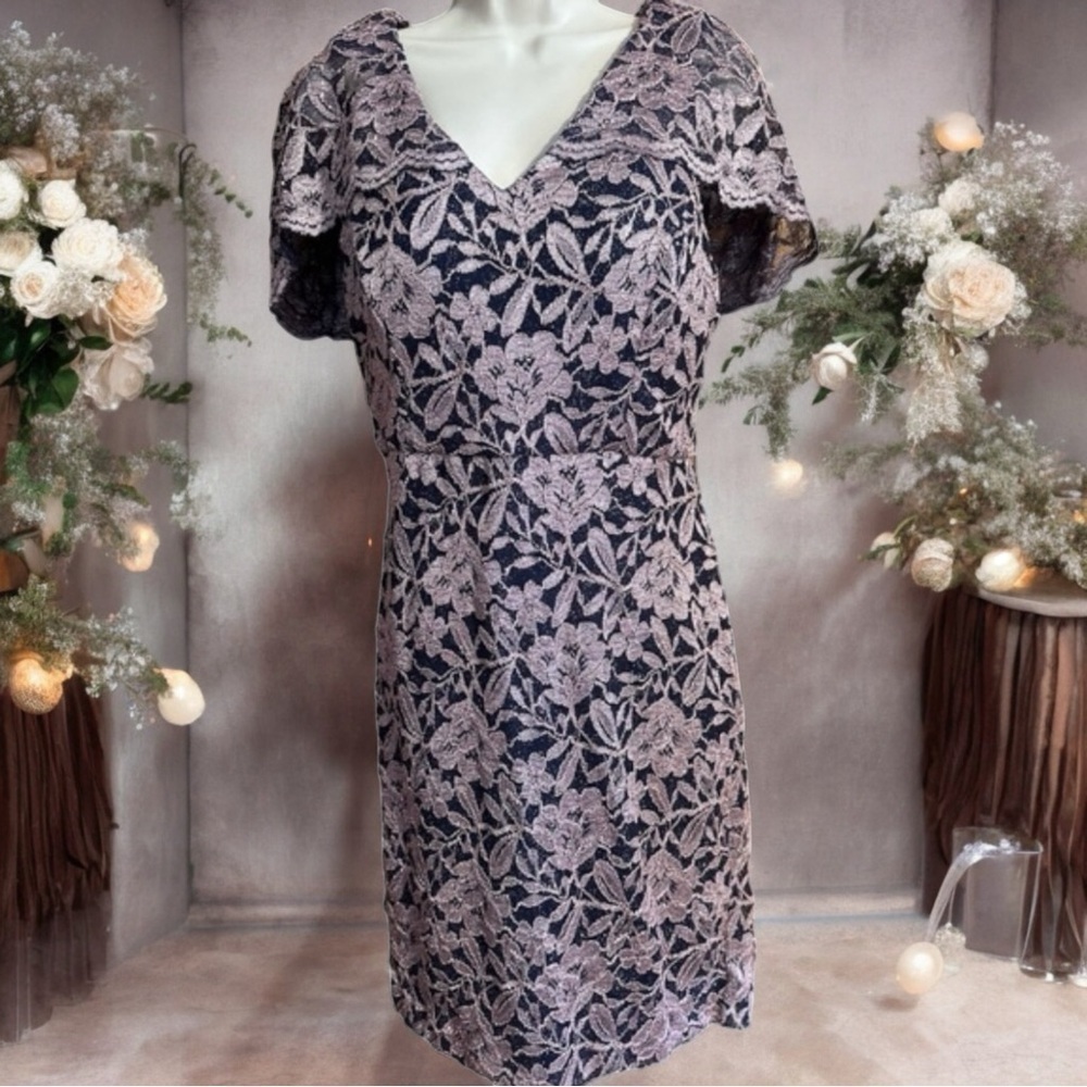 NW Nightway Navy Blue Mauve Lace Glittering Short Cape Sleeve Midi Dress
